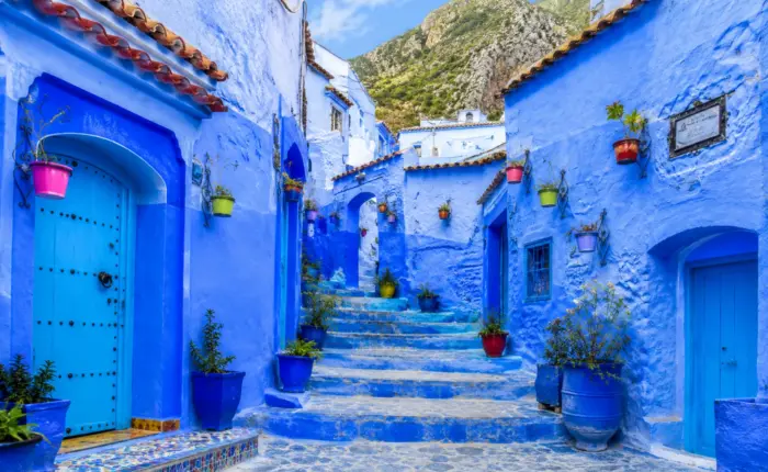 Blue streets and traditional architecture in Chefchaouen during the 5 Day Morocco Heritage Tour from Marrakech to Tangier